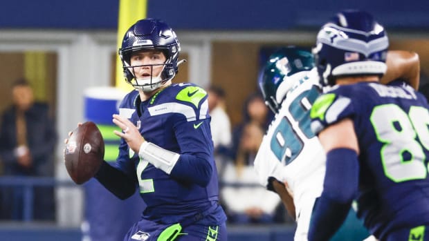 Dec 18, 2023; Seattle, Washington, USA; Seattle Seahawks quarterback Drew Lock (2) looks to pass against the Philadelphia Eagles during the second quarter at Lumen Field.